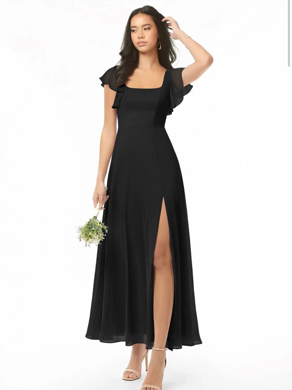 Azazie Black Square-Neck Flutter Sleeve Maxi Dress with High Slit